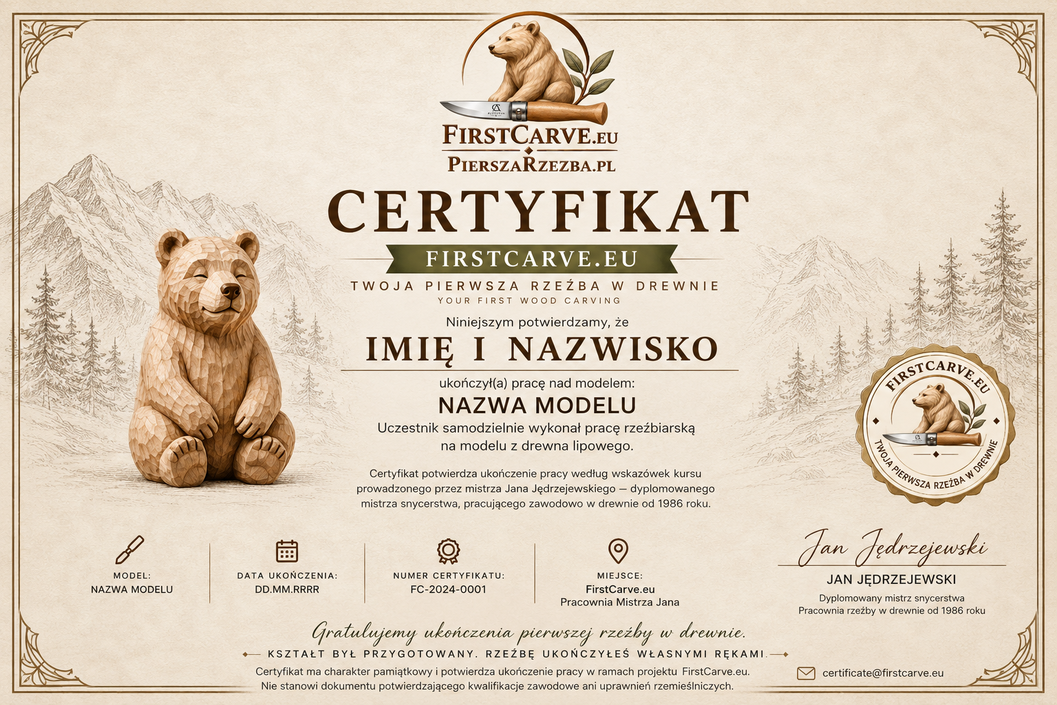 Wzór certyfikatu ukończenia FirstCarve